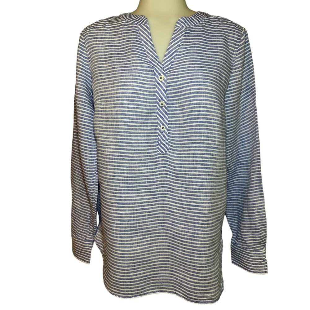 Talbots Women's Size XS Linen Roll Tab Sleeves Band Collar Popover Top Blouse
